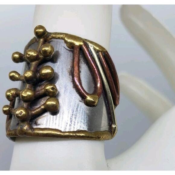 Mixed Metal Ring Brutalist MCM Chunky Cuff Adjustable 3D Biker Large Size Artist - Picture 3 of 14